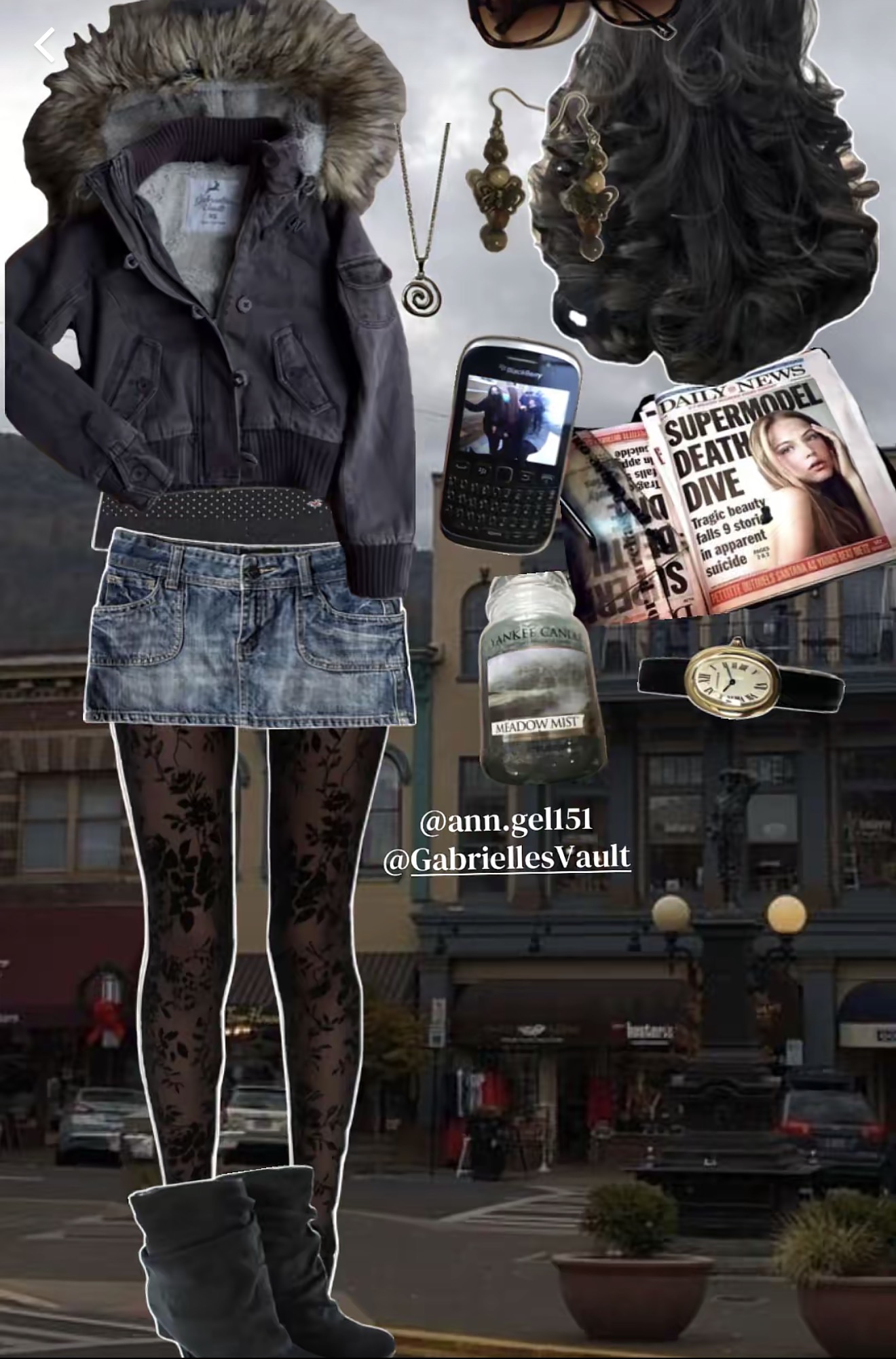 Aesthetic collage post: cut-out jacket, denim skirt, patterned tights and boots layered over a moody small-town street with 2000s props