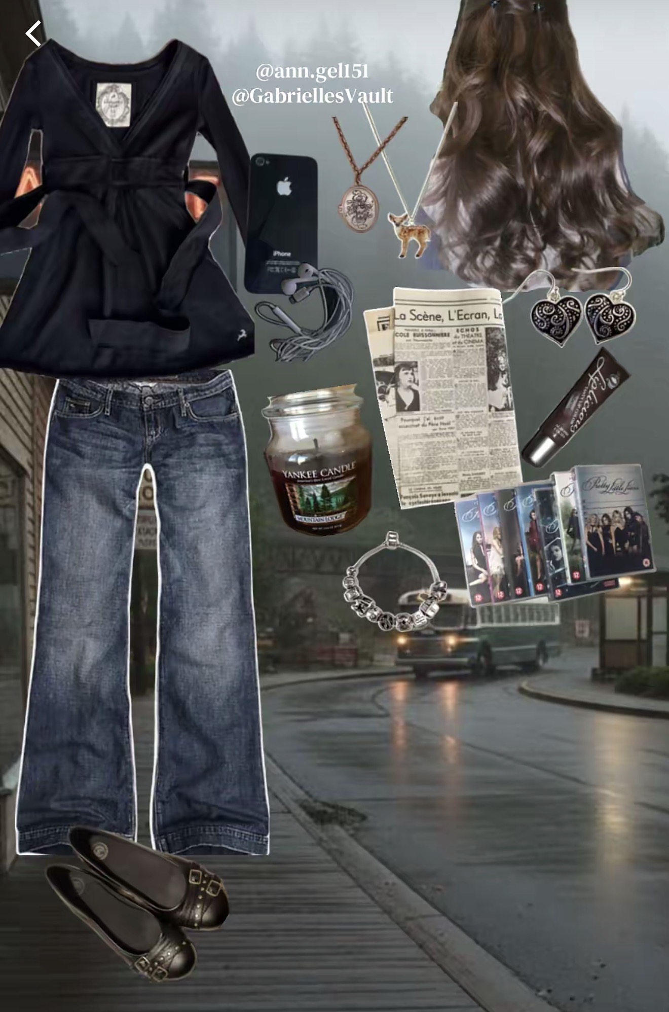 Second collage slide: black wrap top and bootcut jeans with flats, layered over a foggy street scene