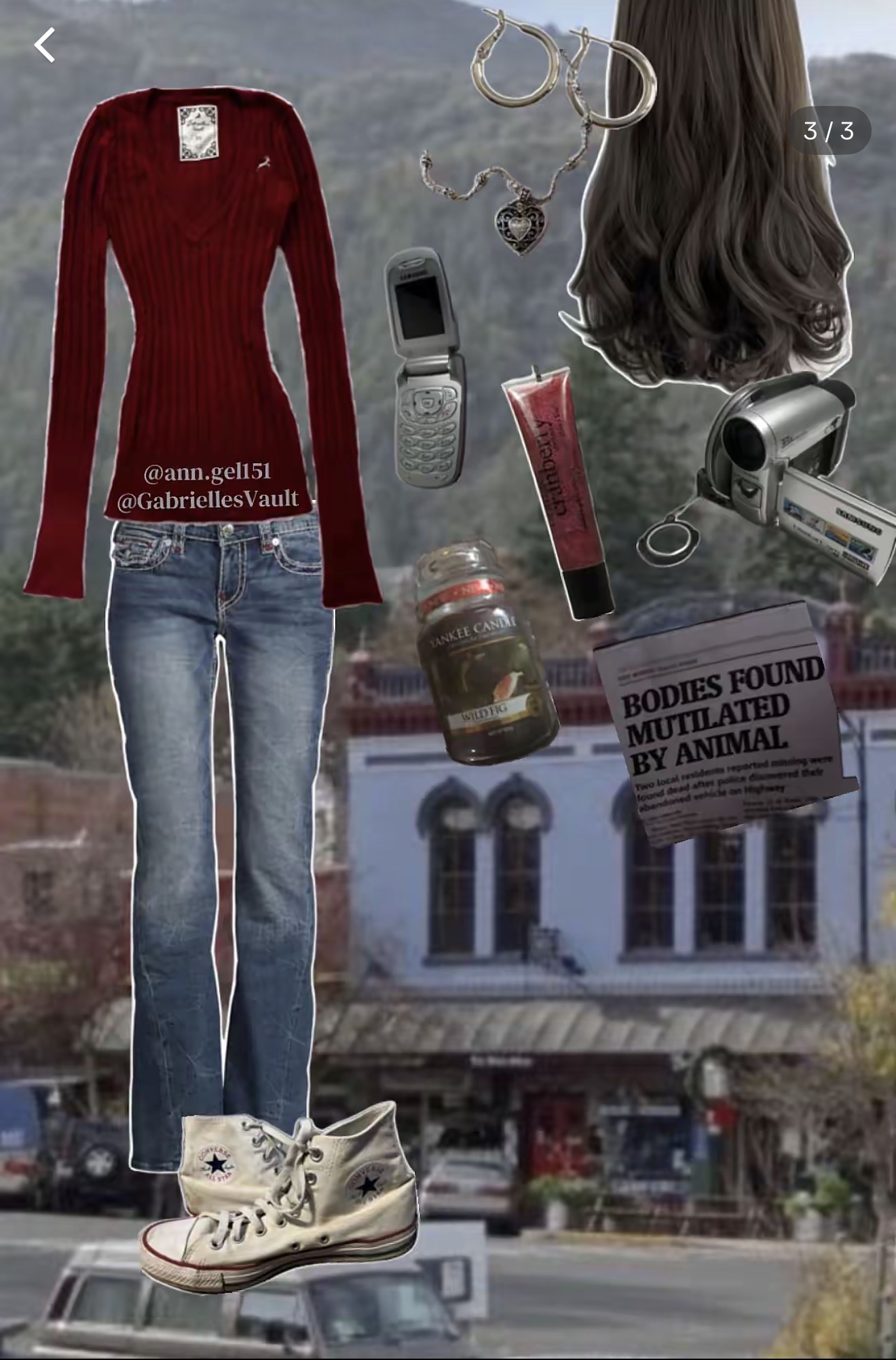 Third collage slide: red ribbed v-neck top with bootcut jeans and white high-tops over a small-town street
